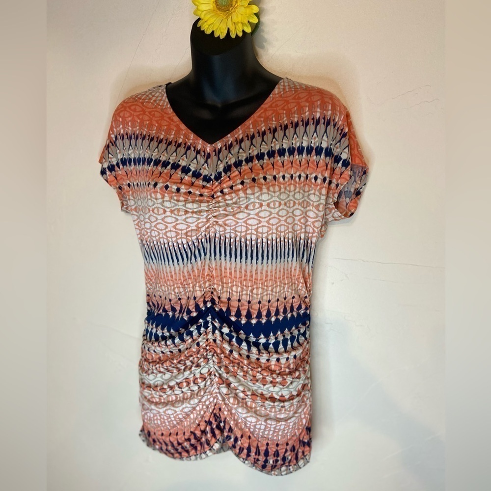 Style & Co.~V-Neck Stripe Design Top~Ruching~Form Fitting~Cap Sleeve~Size M